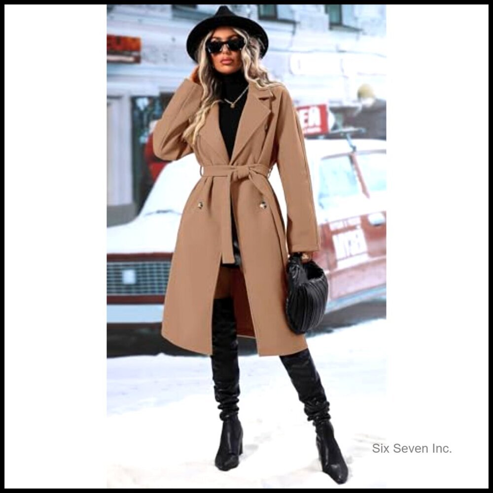 Wool Blend Double Breasted Pea Coat with Belt and Pockets - Picture 4 of 5